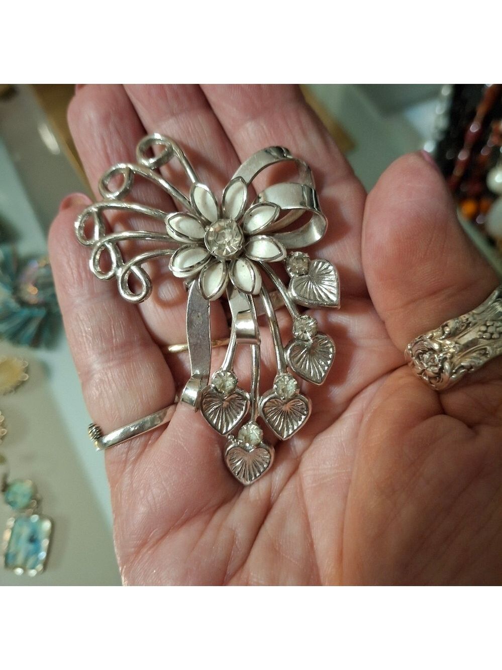 Silver Rhinestone Starburst Brooch Vintage